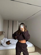 Šokoladinis pašiltintas laisvalaikio komplektas su gobtuvu „Chocolate Oversize Hoodie Lounge Set“