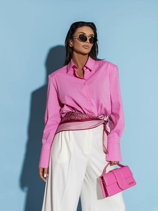 Ryškiai rožiniai medvilniniai marškiniai su petukais „Elara Structured Shirt“