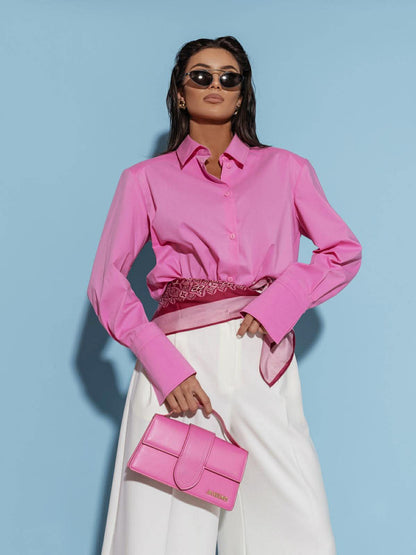 Ryškiai rožiniai medvilniniai marškiniai su petukais „Elara Structured Shirt“