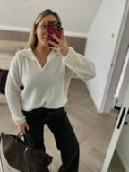 Baltas polo tipo megztinis su alpakos ir lamos vilna “White Alpaca Wool Polo Knit”