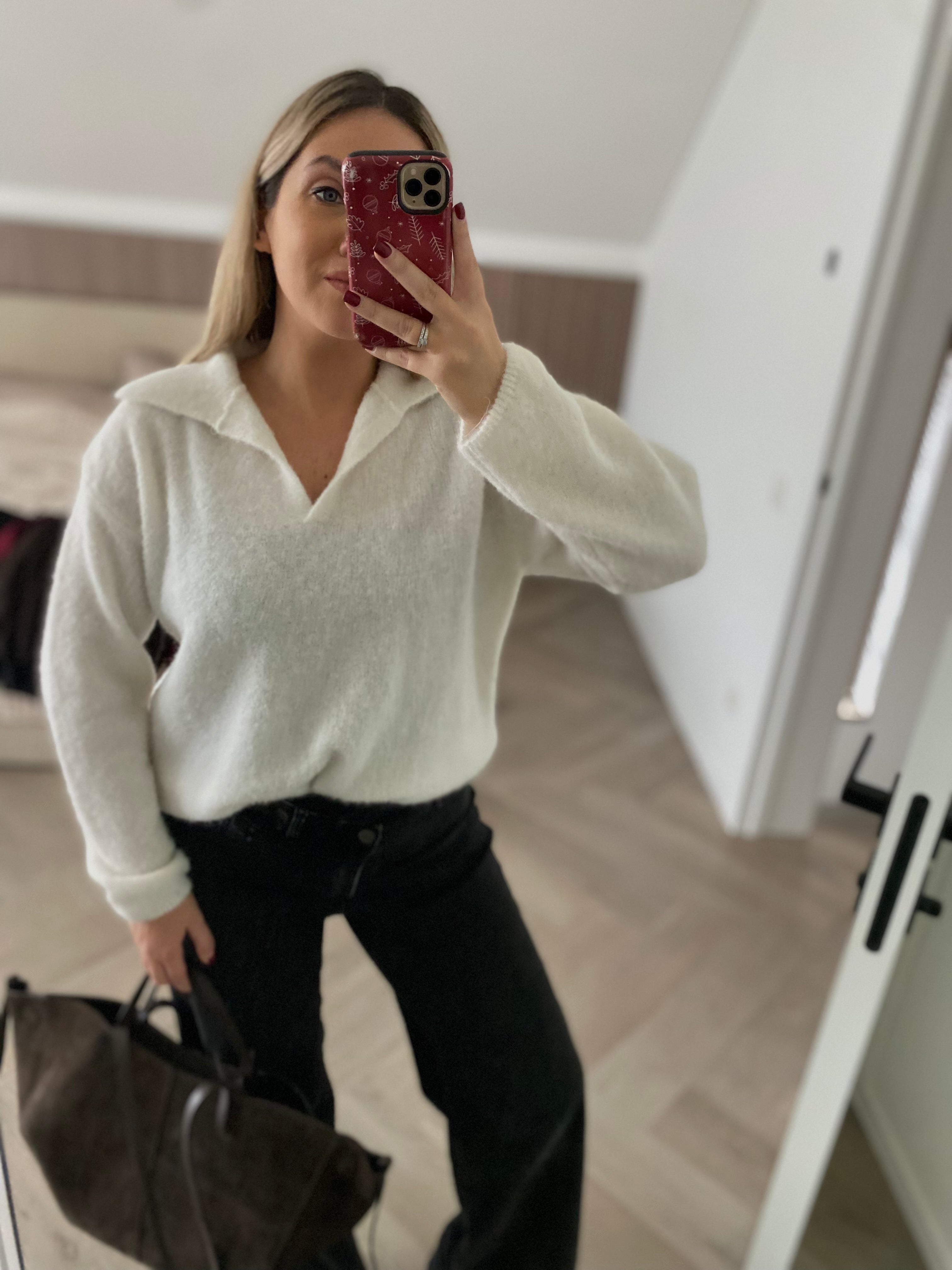 Baltas polo tipo megztinis su alpakos ir lamos vilna “White Alpaca Wool Polo Knit”