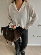 Baltas polo tipo megztinis su alpakos ir lamos vilna “White Alpaca Wool Polo Knit”