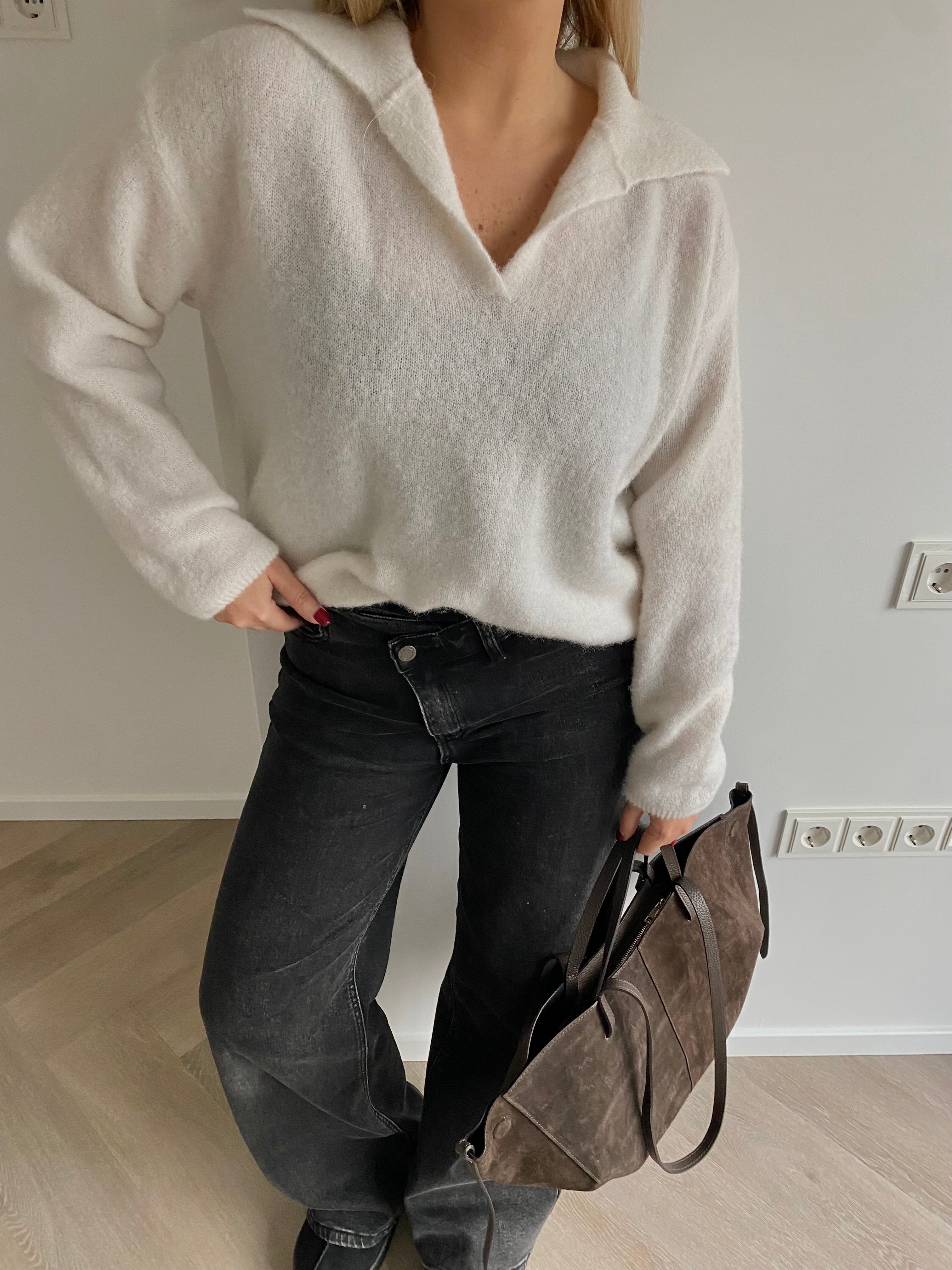 Baltas polo tipo megztinis su alpakos ir lamos vilna “White Alpaca Wool Polo Knit”