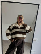 Rudas dryžuotas šiltas megztinis su polo tipo apykakle “Brown Striped Polo Knit Sweater”