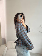 Languoti rudi su mėlynu įliemenuoti marškiniai „Aurelia Tie Waist Shirt“