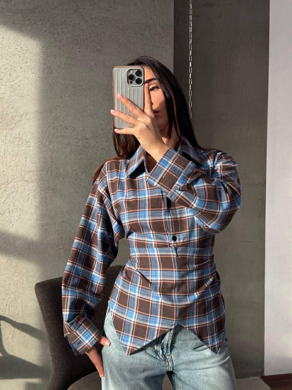 Languoti rudi su mėlynu įliemenuoti marškiniai „Aurelia Tie Waist Shirt“