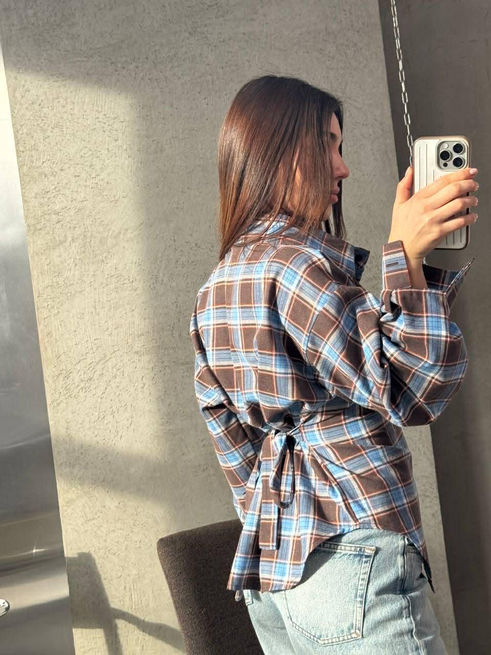 Languoti rudi su mėlynu įliemenuoti marškiniai „Aurelia Tie Waist Shirt“