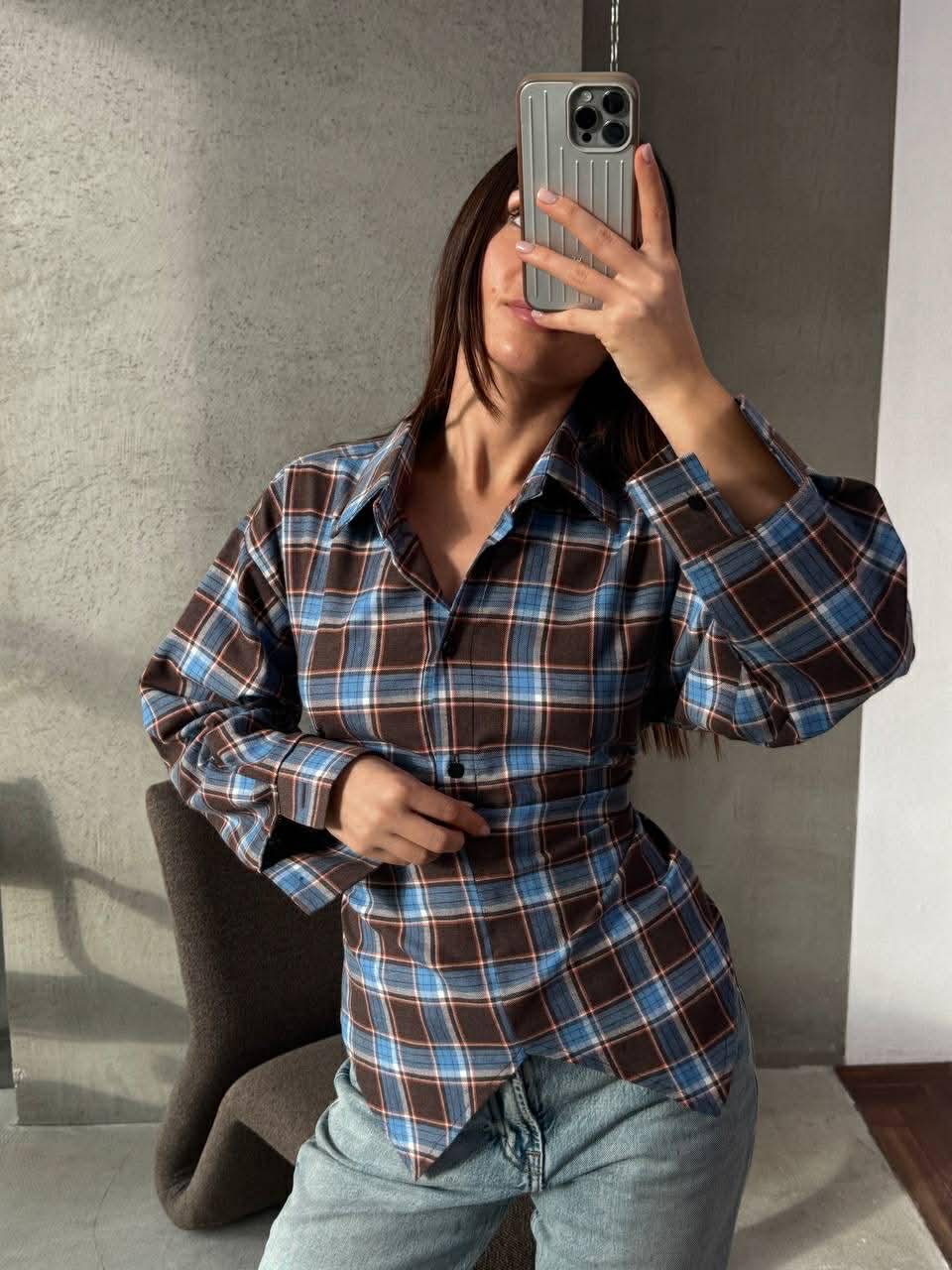 Languoti rudi su mėlynu įliemenuoti marškiniai „Aurelia Tie Waist Shirt“