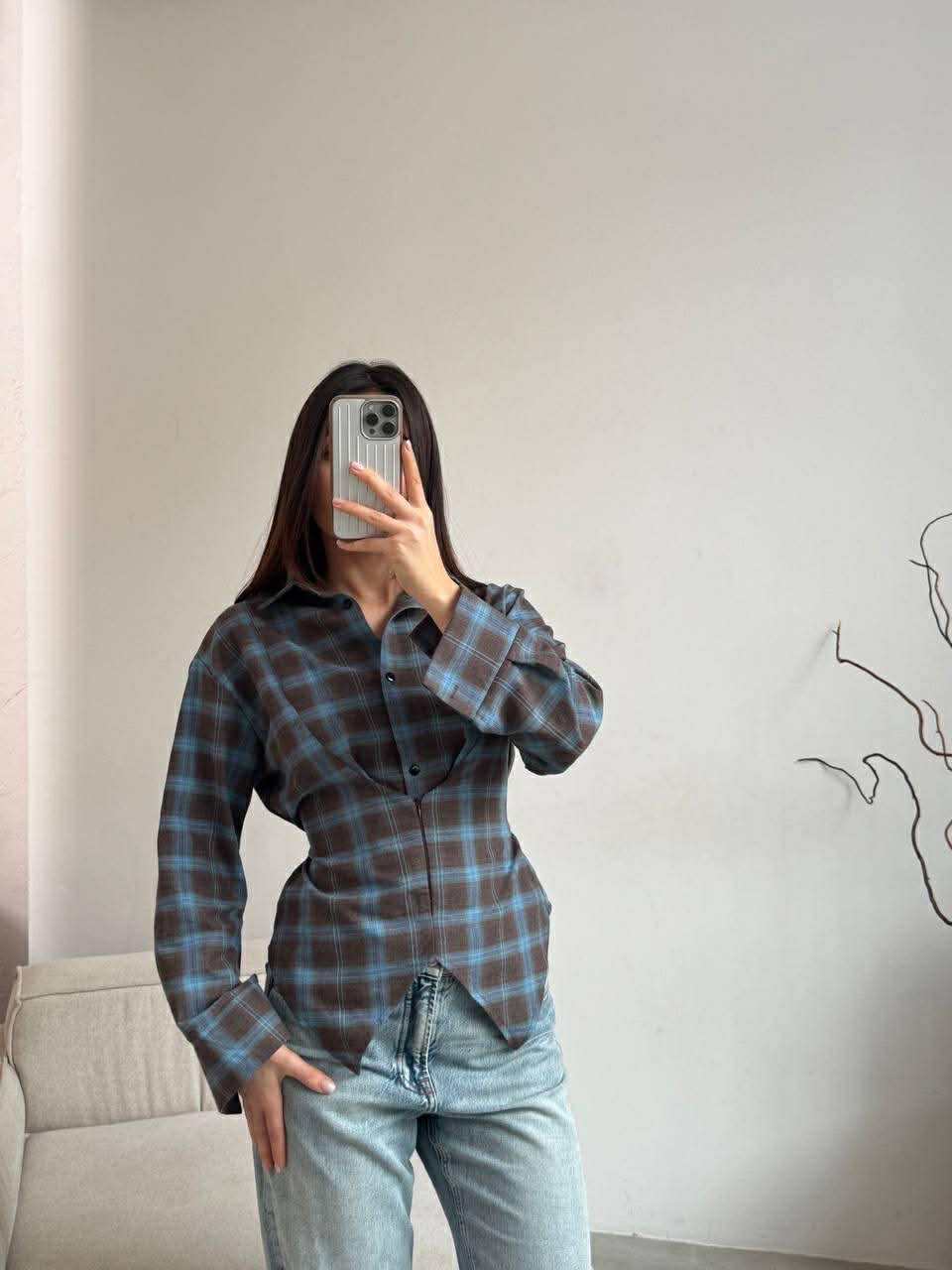 Languoti rudi su mėlynu įliemenuoti marškiniai „Aurelia Tie Waist Shirt“