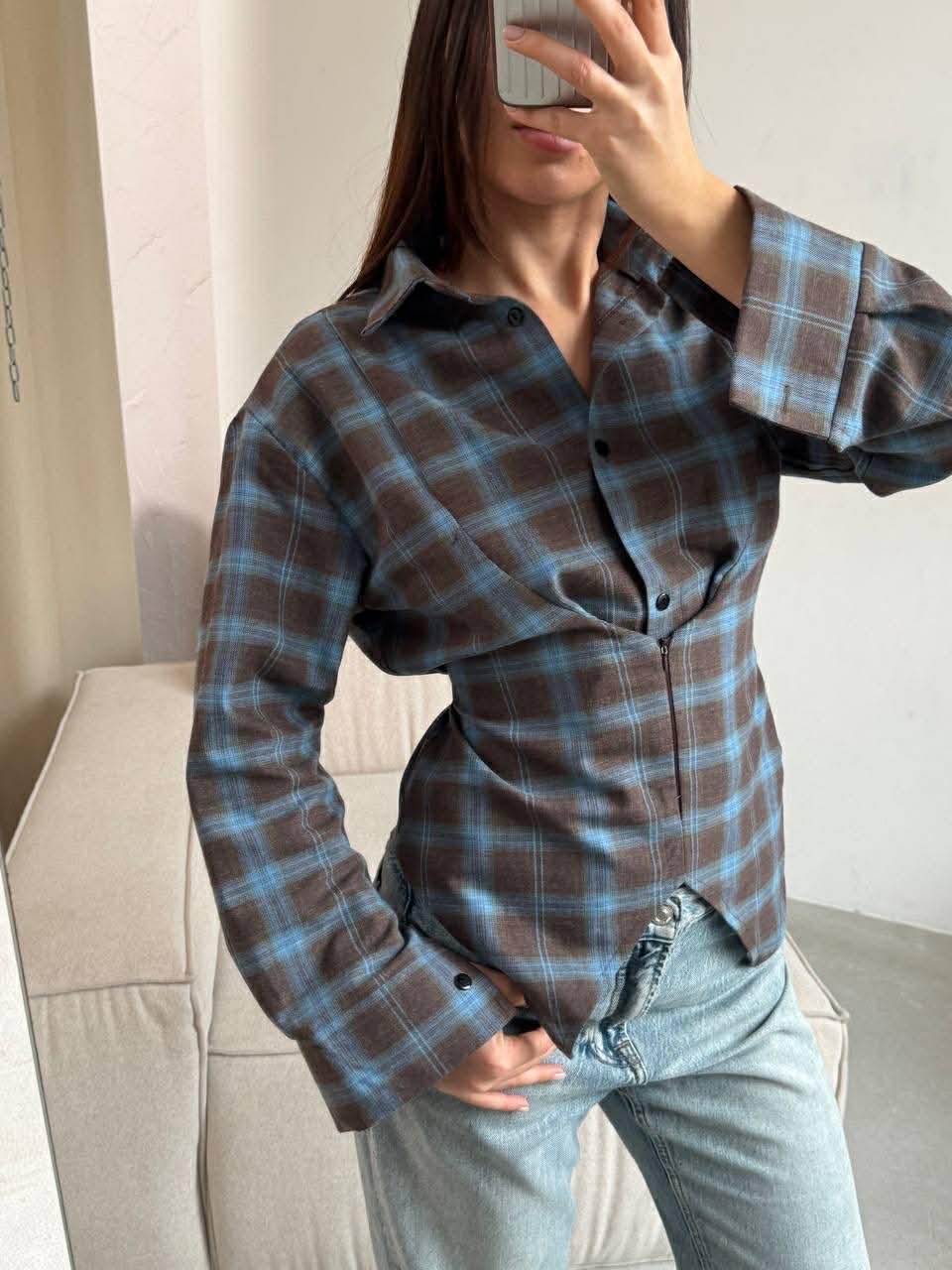 Languoti rudi su mėlynu įliemenuoti marškiniai „Aurelia Tie Waist Shirt“