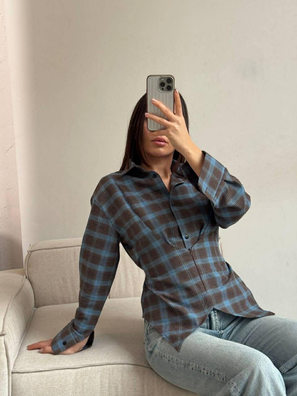 Languoti rudi su mėlynu įliemenuoti marškiniai „Aurelia Tie Waist Shirt“