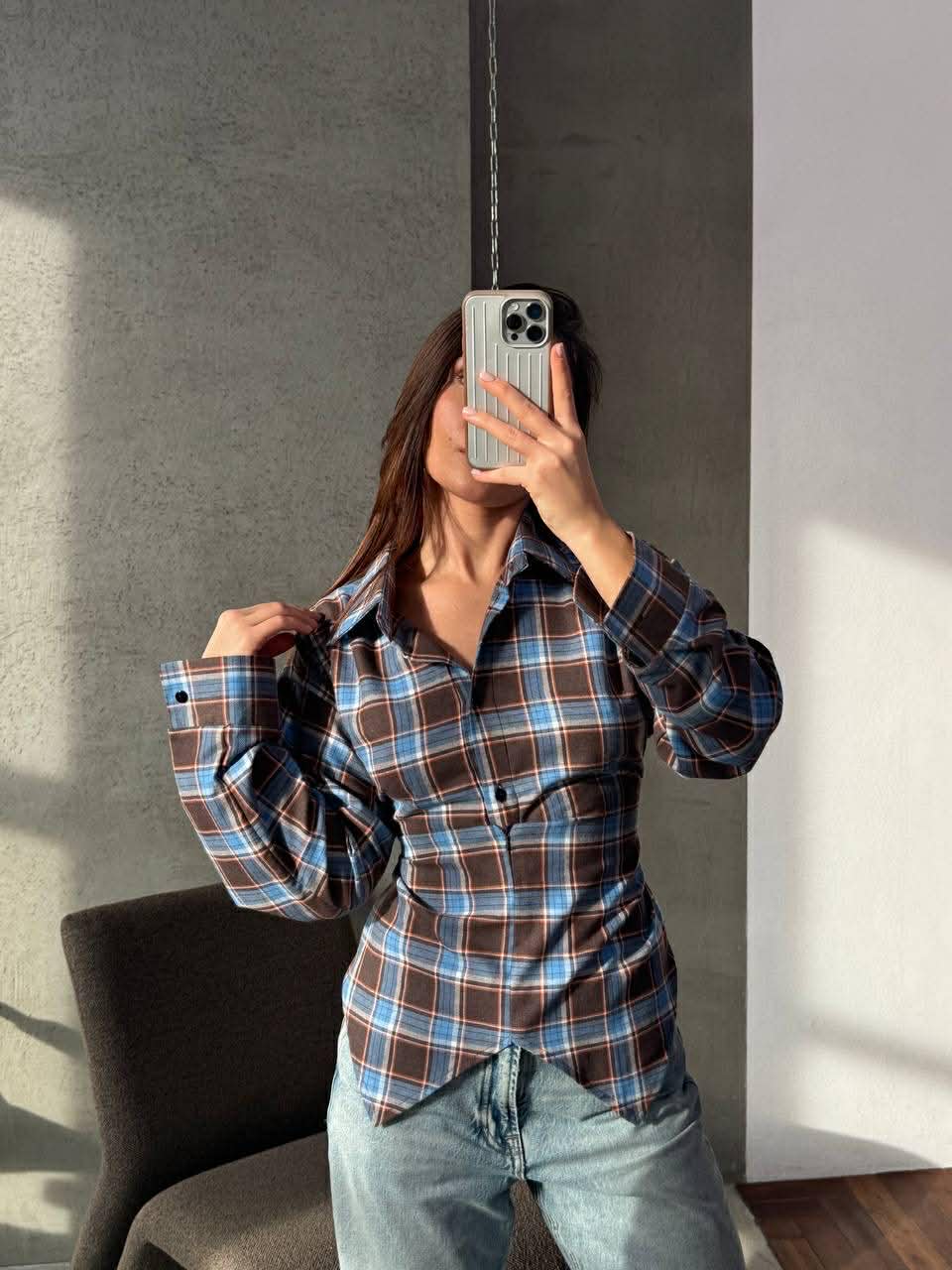 Languoti rudi su mėlynu įliemenuoti marškiniai „Aurelia Tie Waist Shirt“