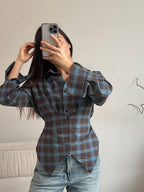 Languoti rudi su mėlynu įliemenuoti marškiniai „Aurelia Tie Waist Shirt“