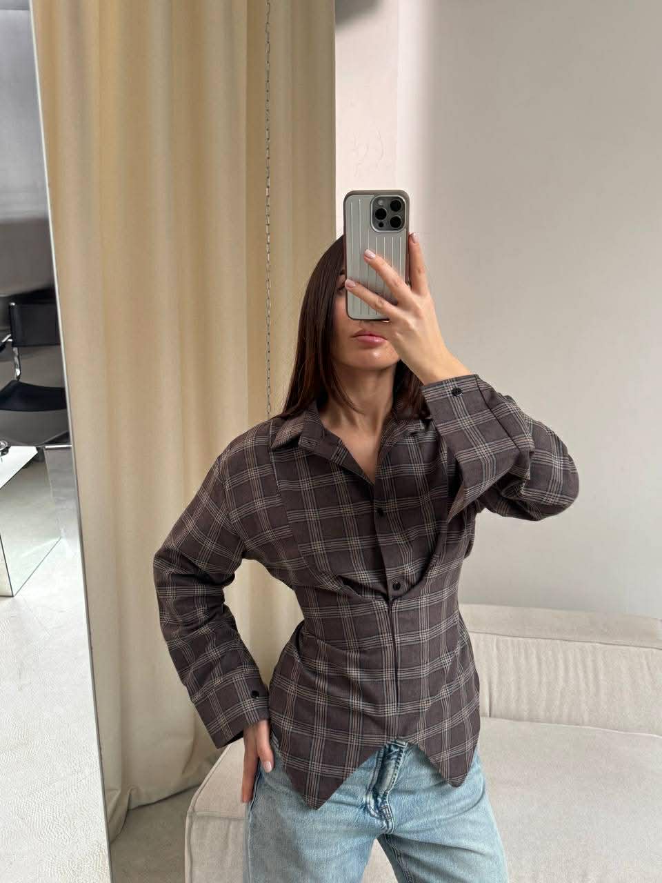 Languoti rudi įliemenuoti marškiniai „Aurelia Tie Waist Shirt“