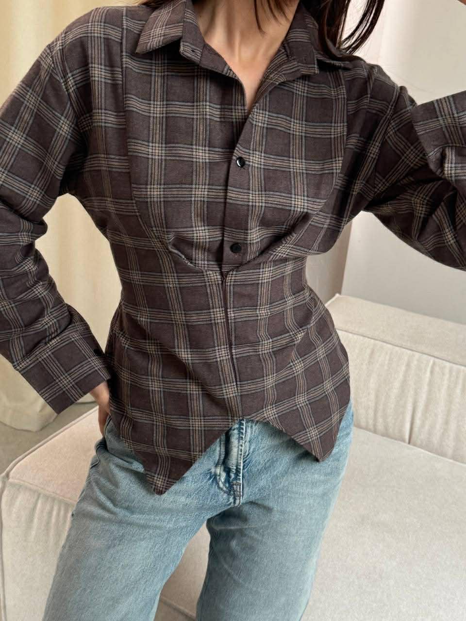 Languoti rudi įliemenuoti marškiniai „Aurelia Tie Waist Shirt“