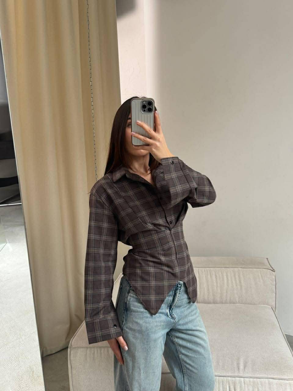 Languoti rudi įliemenuoti marškiniai „Aurelia Tie Waist Shirt“