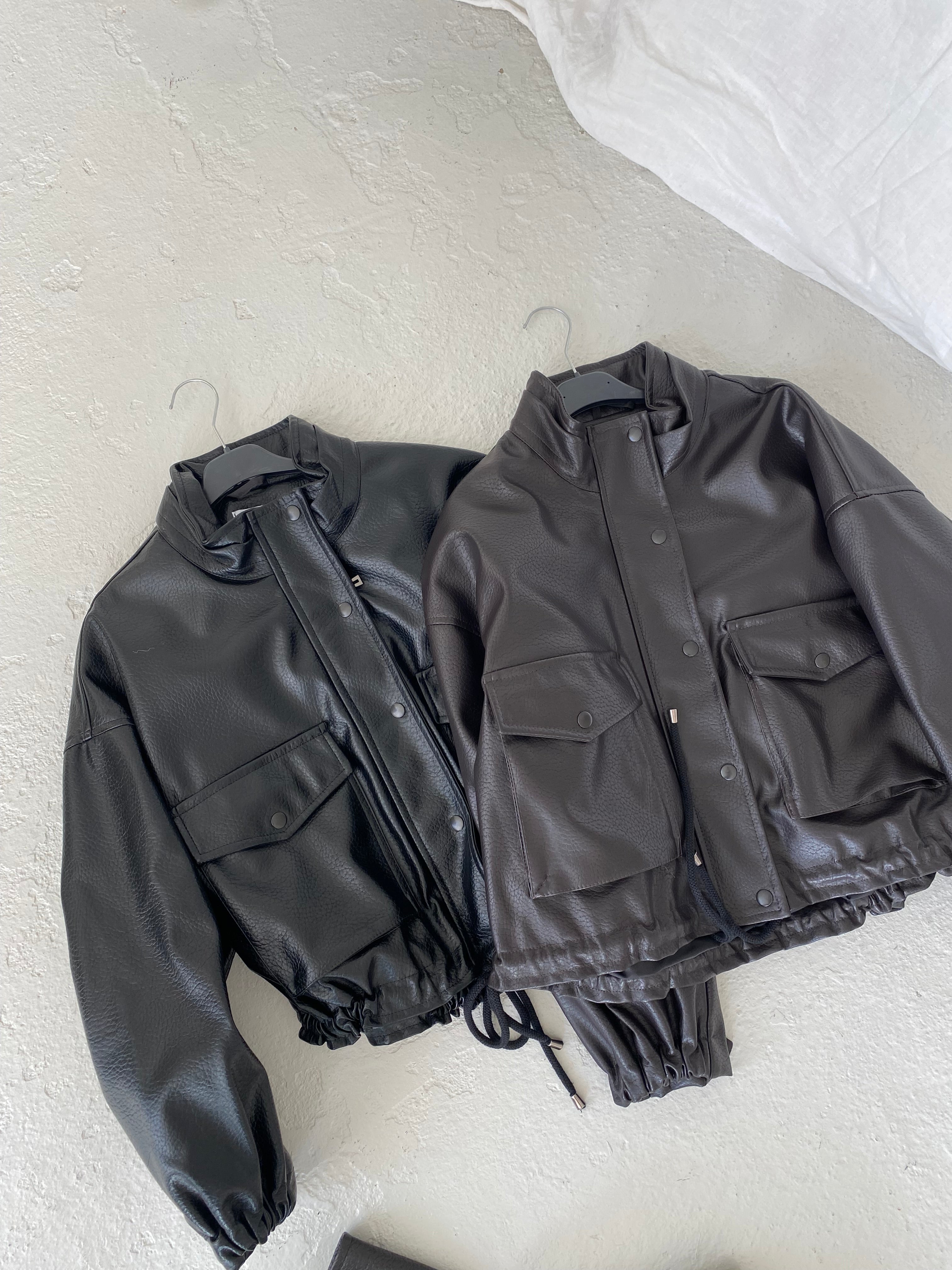 Šokoladinė premium oversize dirbtinės odos striukė „Arlette High Neck Jacket“