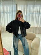 Juoda premium oversize dirbtinės odos striukė „Arlette High Neck Jacket“