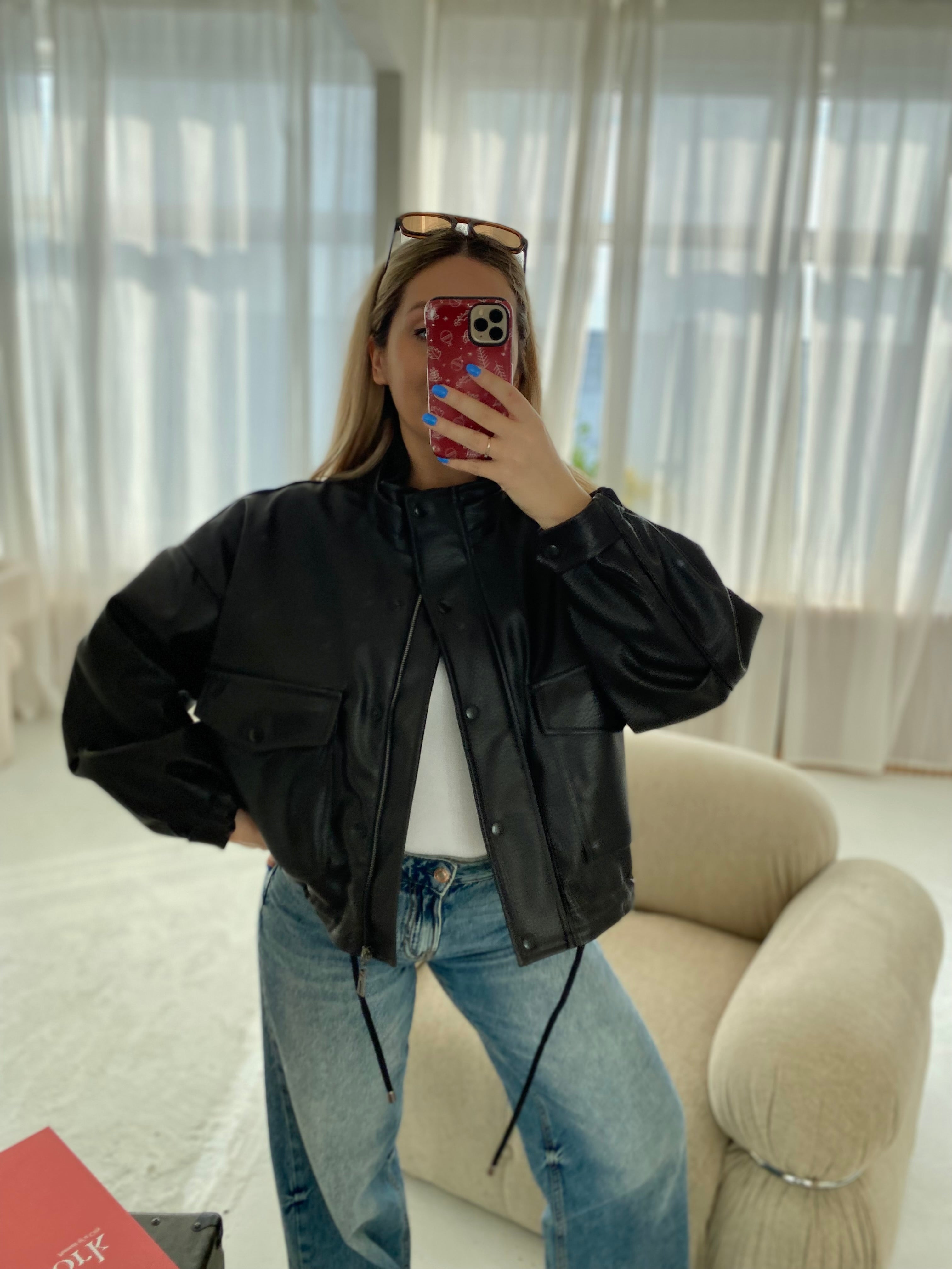 Juoda premium oversize dirbtinės odos striukė „Arlette High Neck Jacket“