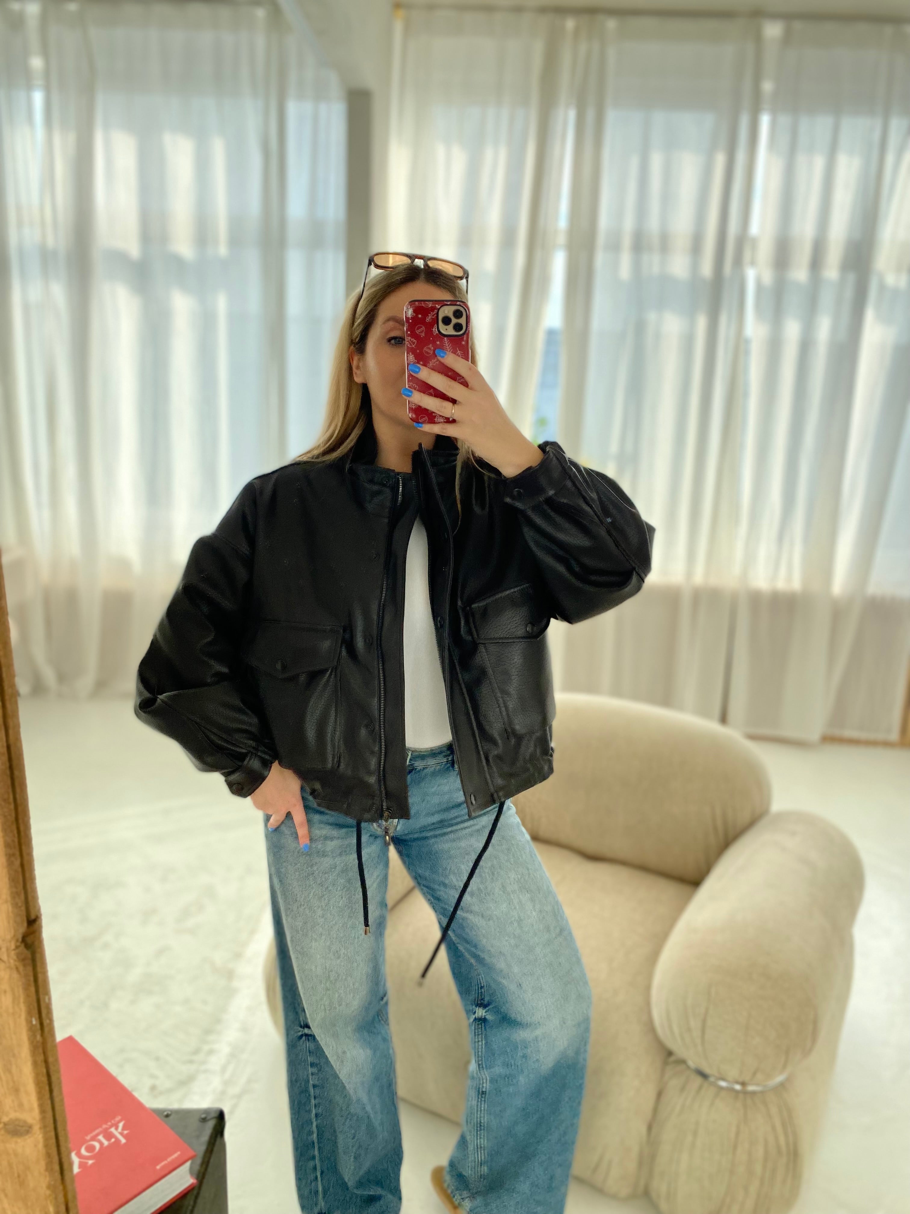 Juoda premium oversize dirbtinės odos striukė „Arlette High Neck Jacket“