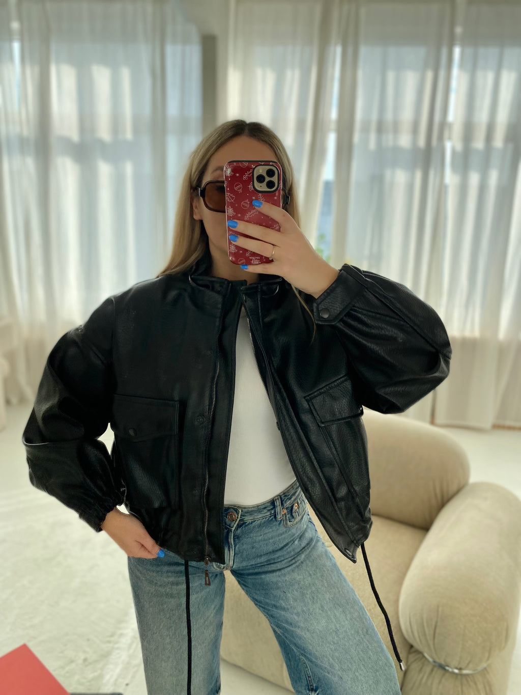 Juoda premium oversize dirbtinės odos striukė „Arlette High Neck Jacket“