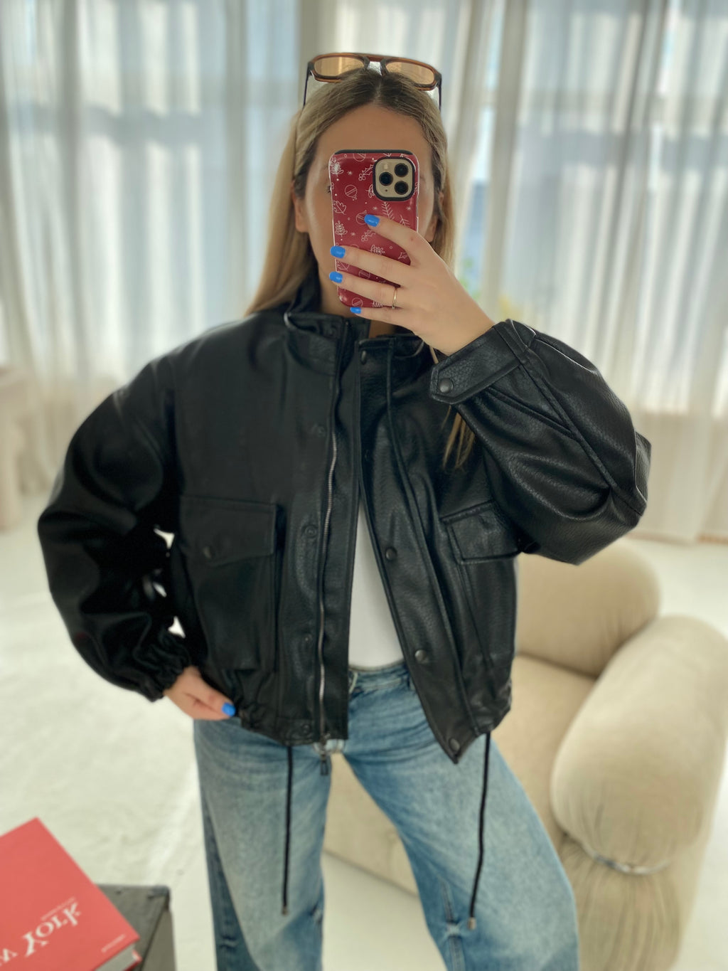Juoda premium oversize dirbtinės odos striukė „Arlette High Neck Jacket“