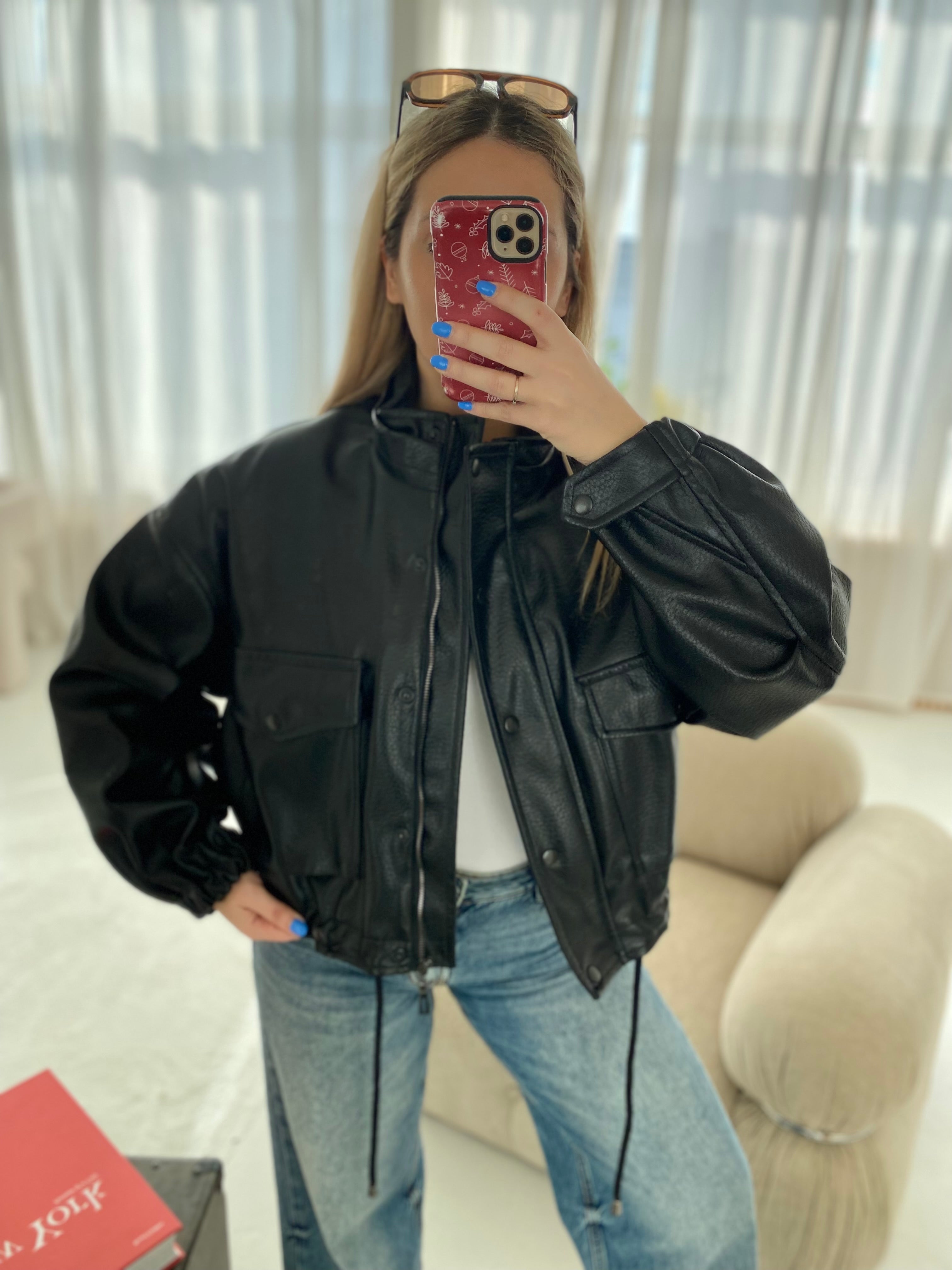 Juoda premium oversize dirbtinės odos striukė „Arlette High Neck Jacket“