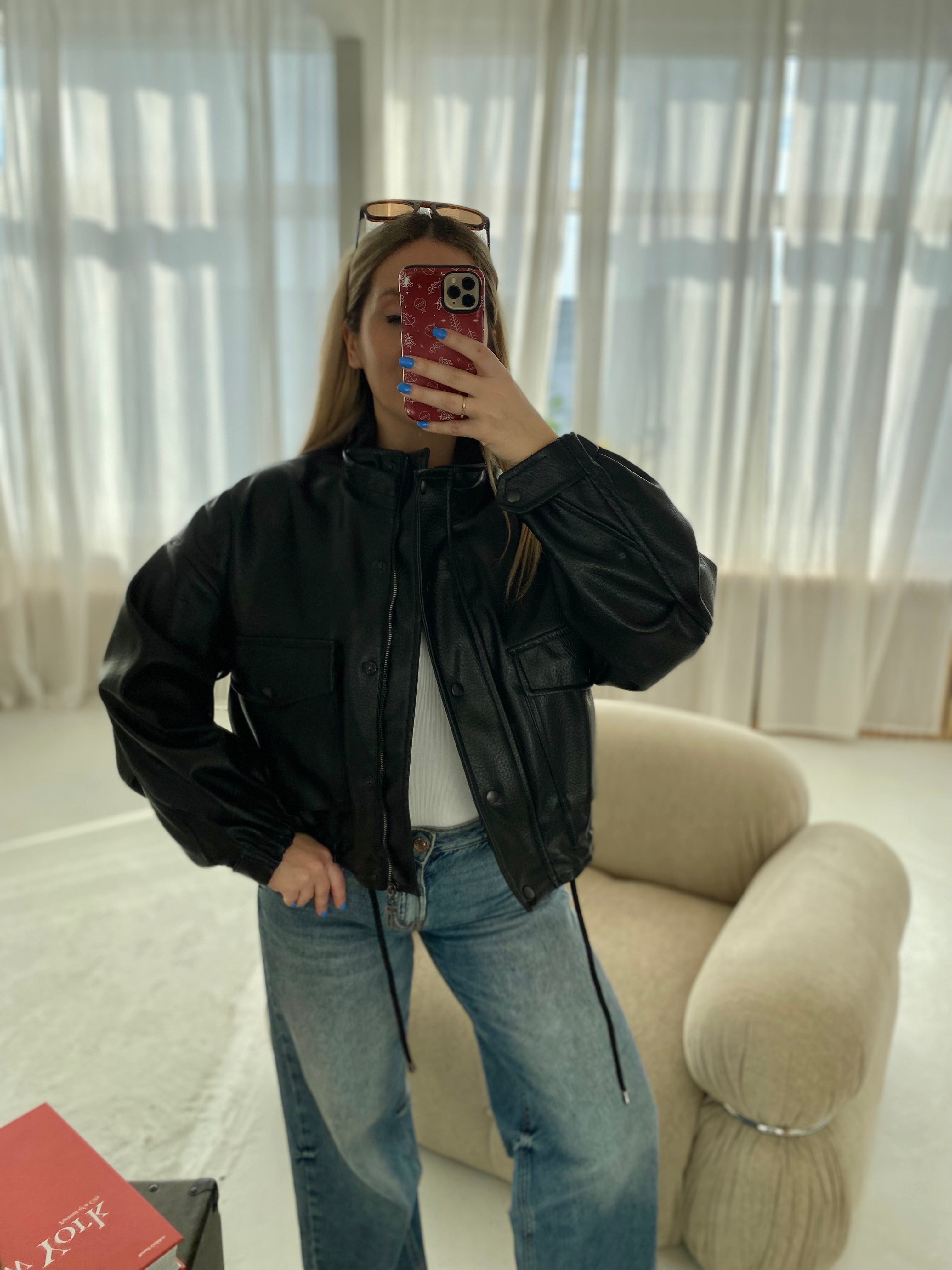 Juoda premium oversize dirbtinės odos striukė „Arlette High Neck Jacket“
