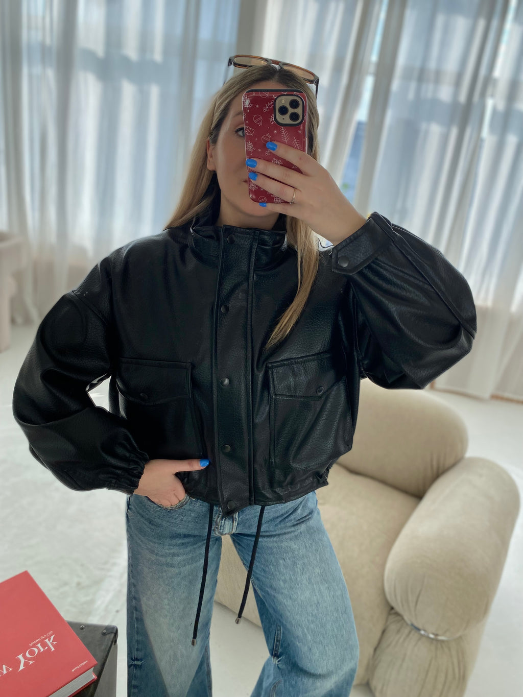 Juoda premium oversize dirbtinės odos striukė „Arlette High Neck Jacket“