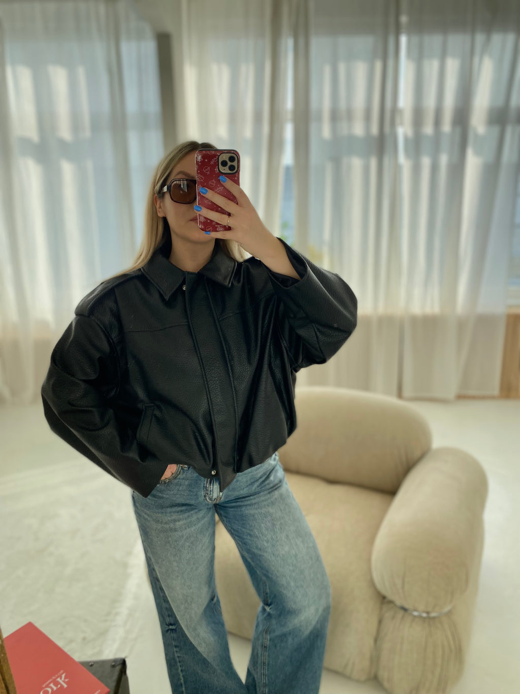 Juoda premium dirbtinės odos bomber tipo striukė „Noelle Luxe Bomber“