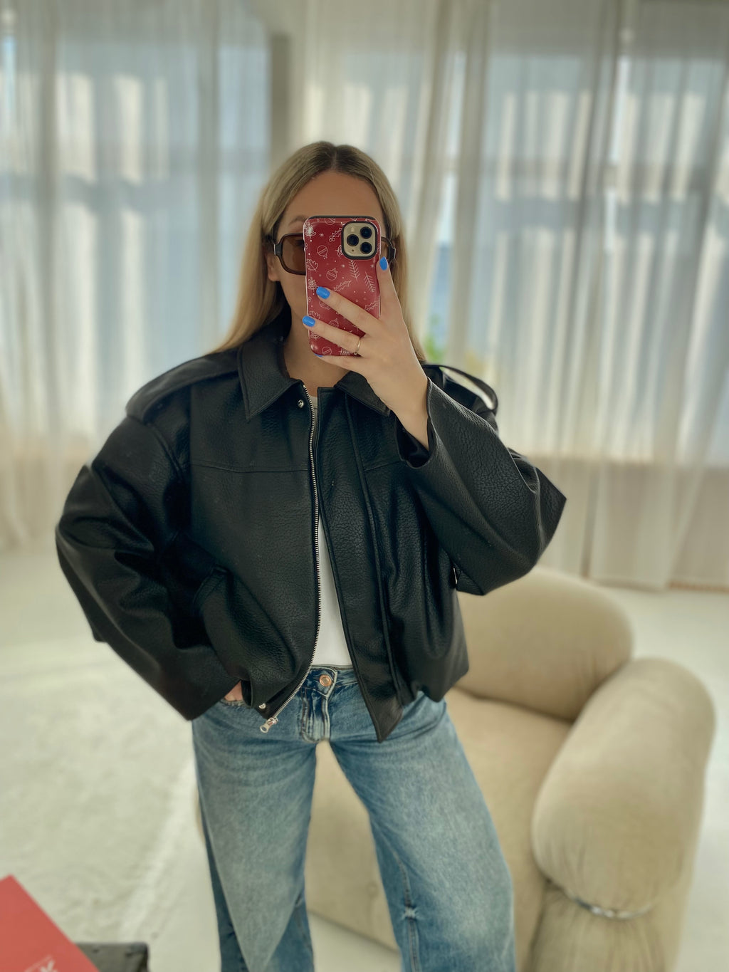 Juoda premium dirbtinės odos bomber tipo striukė „Noelle Luxe Bomber“