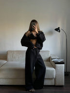 Juodas pašiltintas laisvalaikio komplektas su gobtuvu „Black Zip Hoodie Lounge Set“