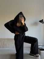 Juodas pašiltintas laisvalaikio komplektas su gobtuvu „Black Zip Hoodie Lounge Set“