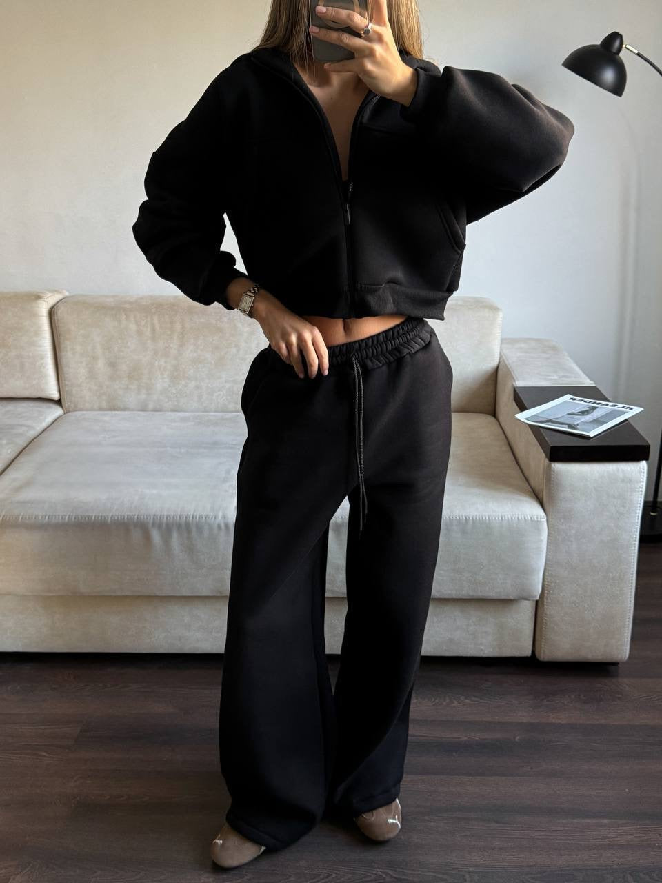 Juodas pašiltintas laisvalaikio komplektas su gobtuvu „Black Zip Hoodie Lounge Set“