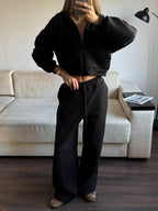 Juodas pašiltintas laisvalaikio komplektas su gobtuvu „Black Zip Hoodie Lounge Set“