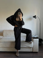 Juodas pašiltintas laisvalaikio komplektas su gobtuvu „Black Zip Hoodie Lounge Set“