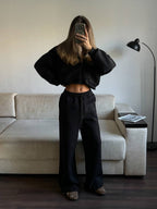 Juodas pašiltintas laisvalaikio komplektas su gobtuvu „Black Zip Hoodie Lounge Set“