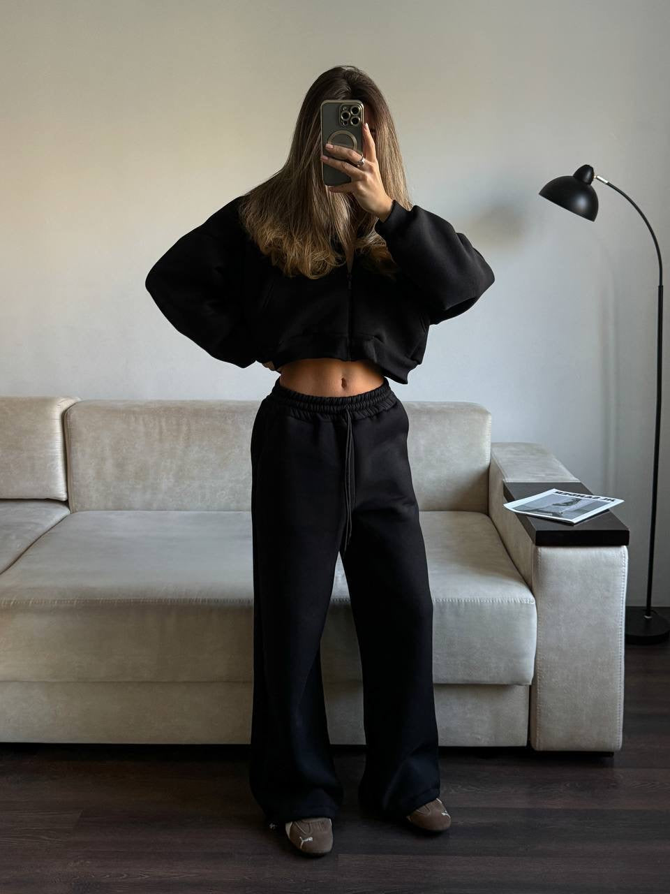 Juodas pašiltintas laisvalaikio komplektas su gobtuvu „Black Zip Hoodie Lounge Set“