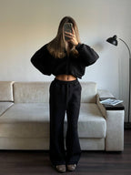 Juodas pašiltintas laisvalaikio komplektas su gobtuvu „Black Zip Hoodie Lounge Set“