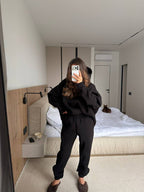 Juodas pašiltintas laisvalaikio komplektas su gobtuvu „Black Oversize Hoodie Lounge Set“