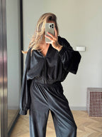 Veliūrinis dviejų dalių laisvalaikio komplektas - juodas „Black Velvet Lounge Set“