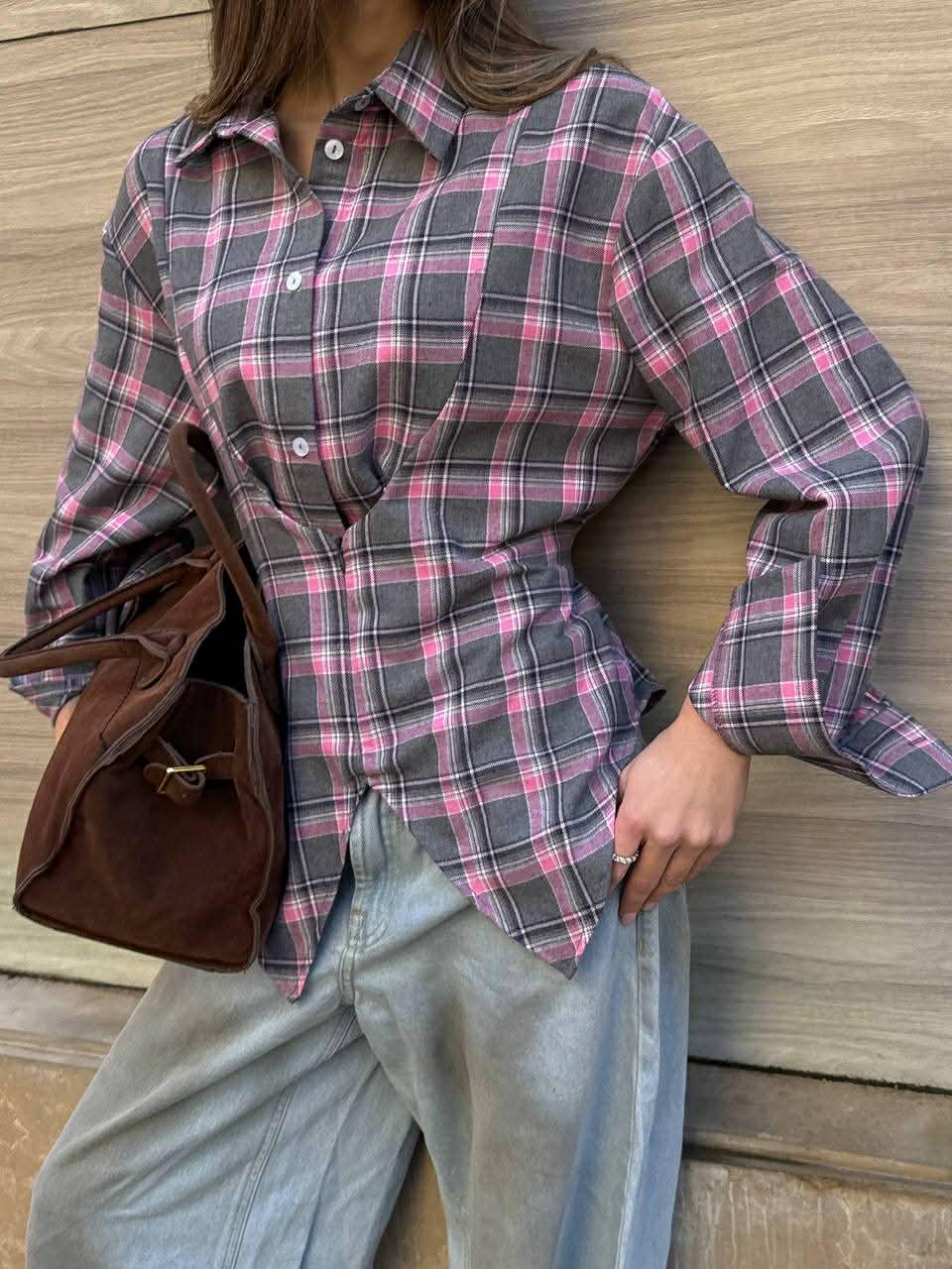 Languoti pilki su rožiniu įliemenuoti marškiniai „Aurelia Tie Waist Shirt“