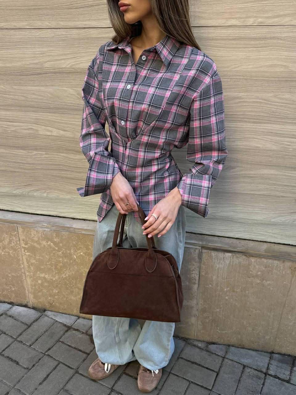 Languoti pilki su rožiniu įliemenuoti marškiniai „Aurelia Tie Waist Shirt“