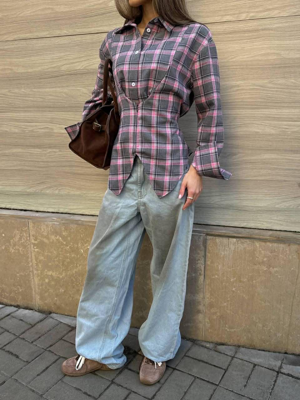 Languoti pilki su rožiniu įliemenuoti marškiniai „Aurelia Tie Waist Shirt“