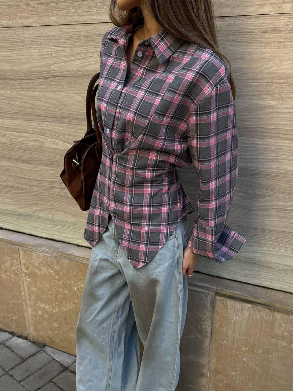 Languoti pilki su rožiniu įliemenuoti marškiniai „Aurelia Tie Waist Shirt“