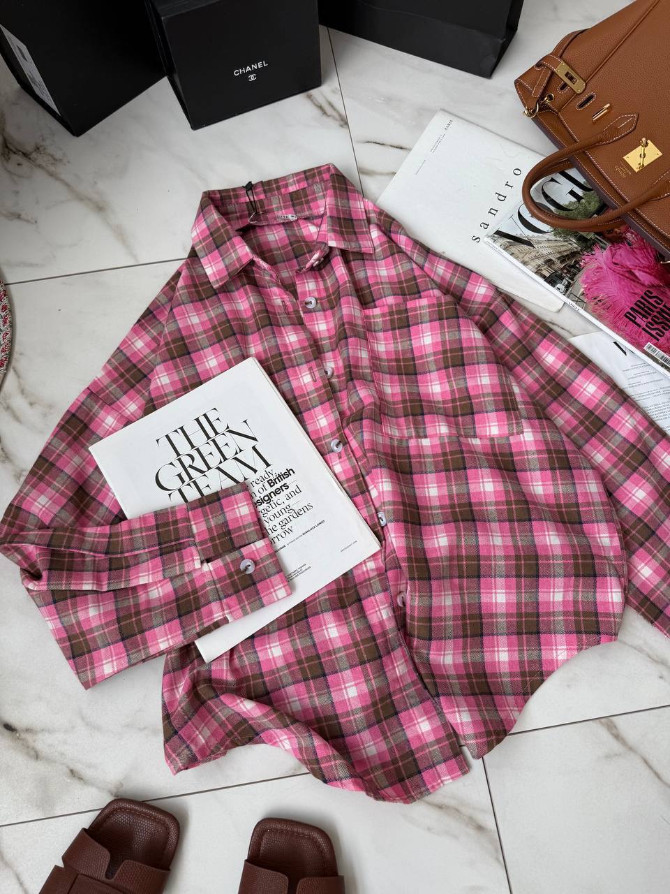 Oversize ryškiai rožiniai languoti marškiniai su rudu „Bright Pink Brown Check Oversize Shirt“