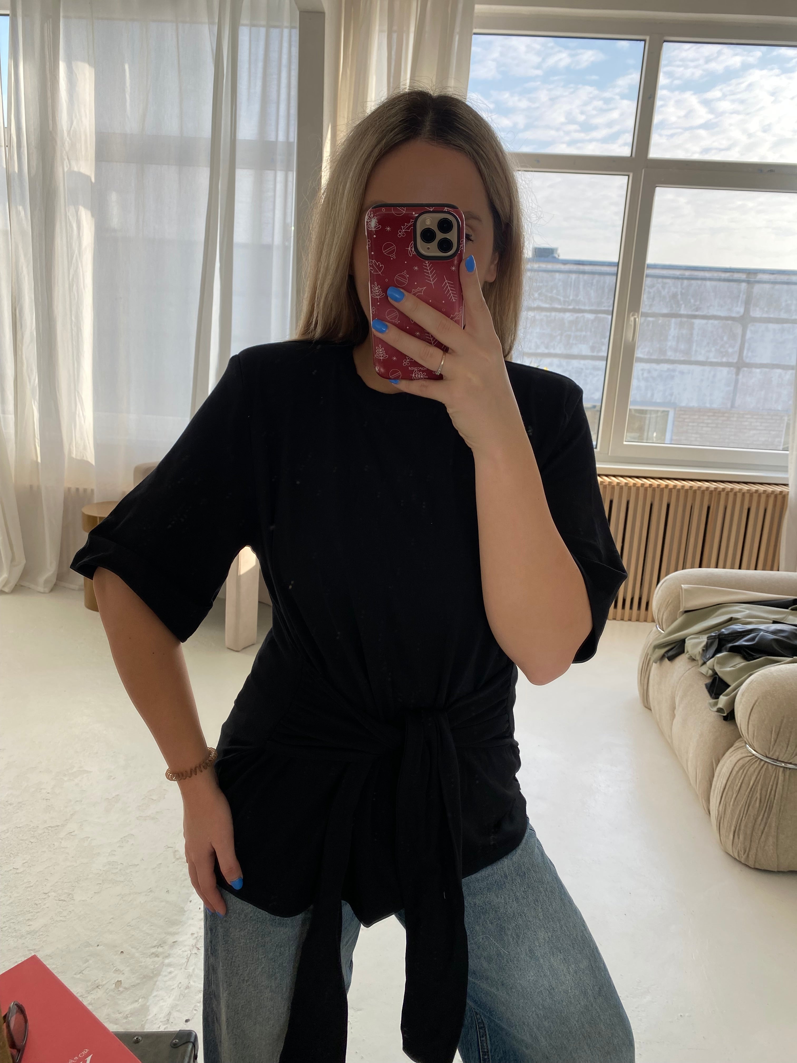 Juodi medvilniniai marškinėliai su petukais „Sienna Sculpt Tee“