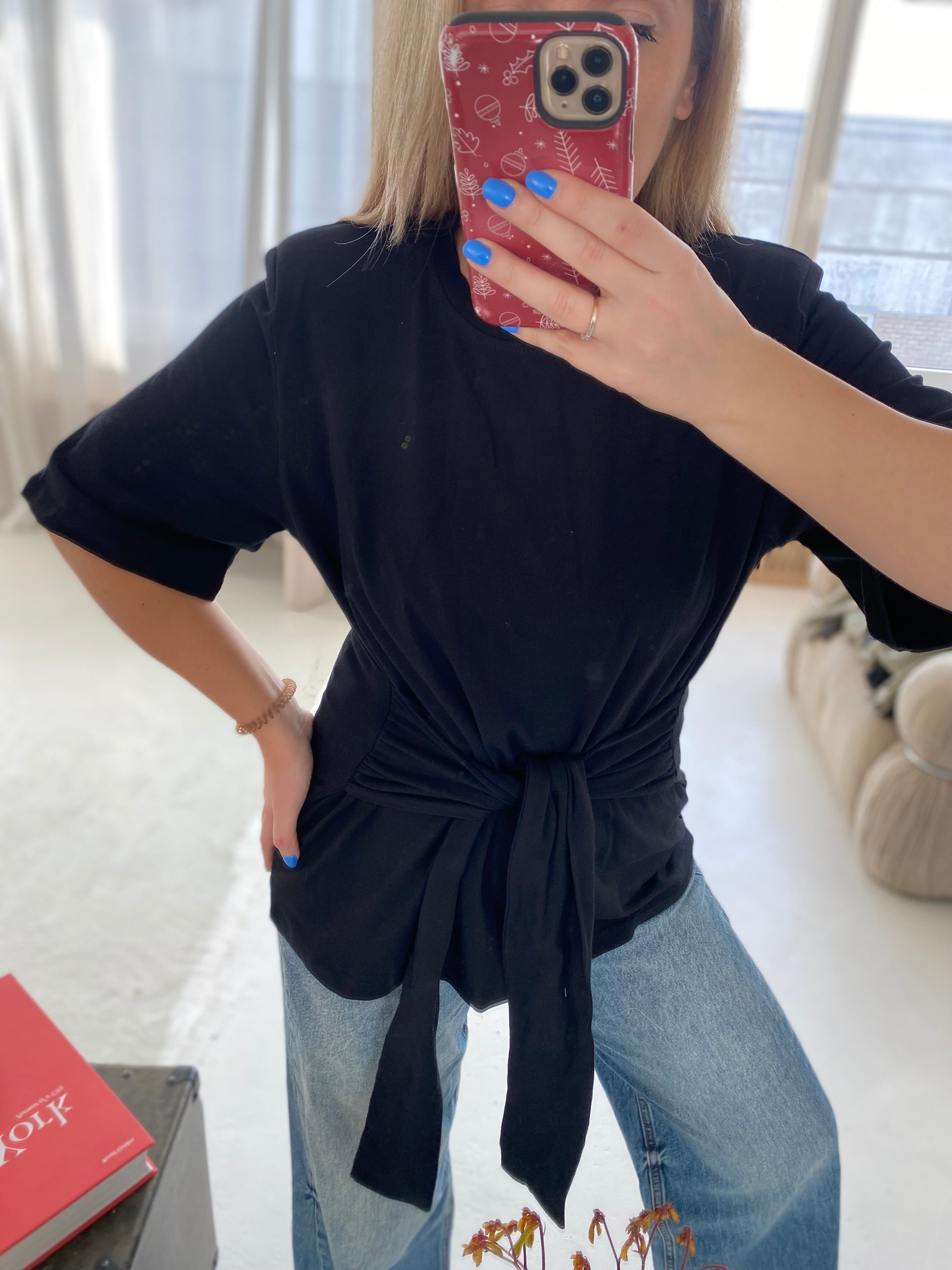 Juodi medvilniniai marškinėliai su petukais „Sienna Sculpt Tee“