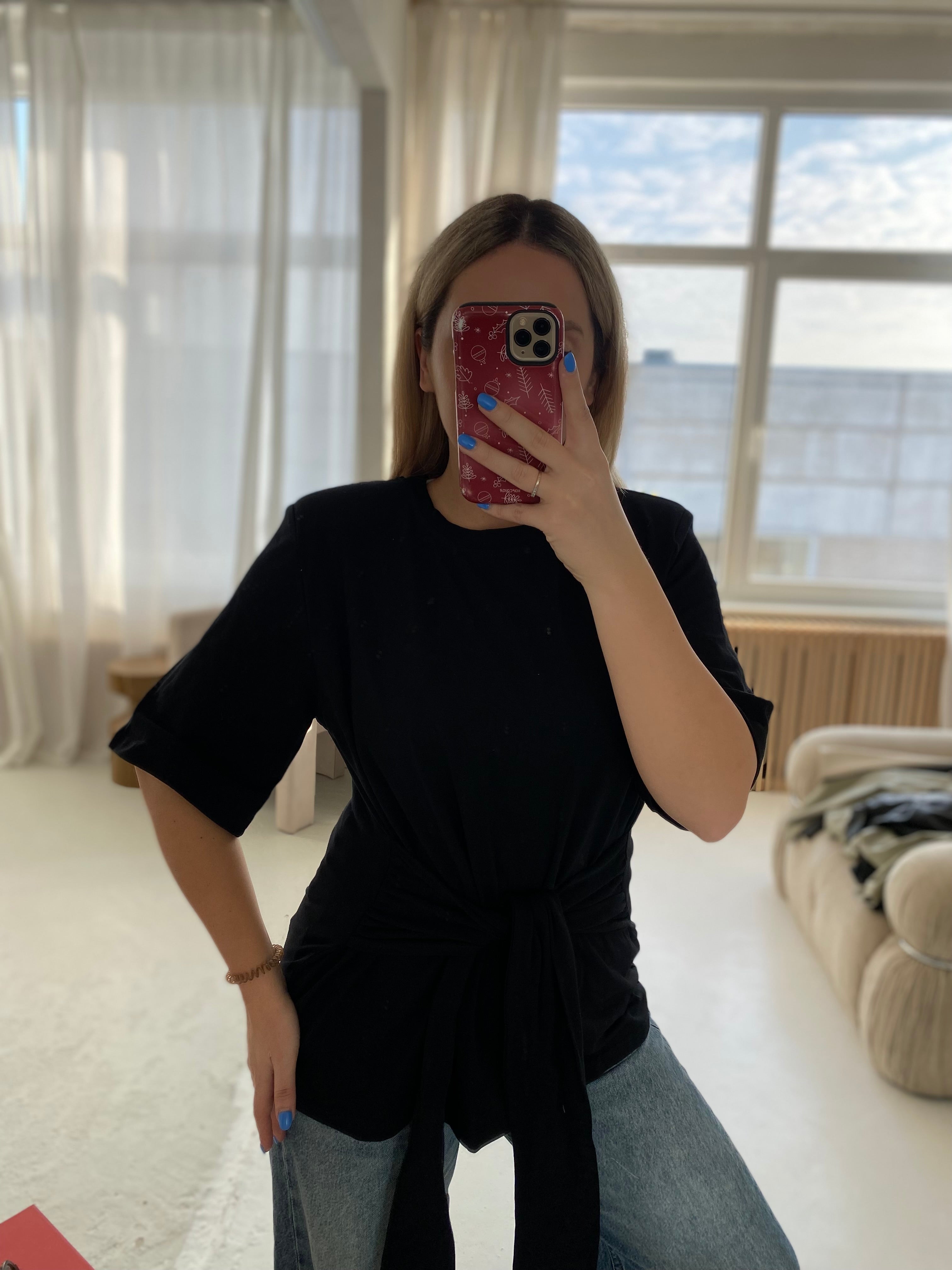 Juodi medvilniniai marškinėliai su petukais „Sienna Sculpt Tee“