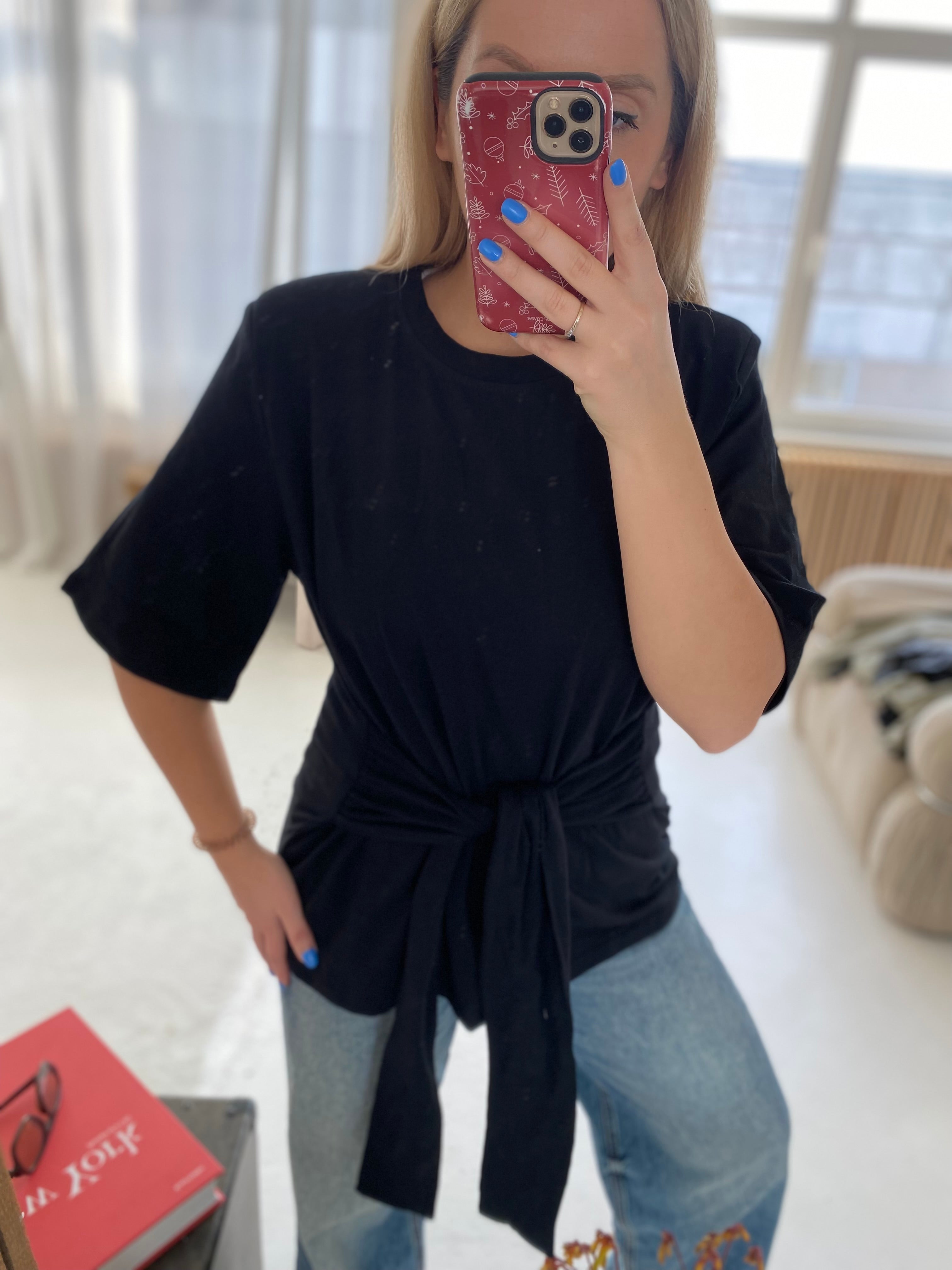 Juodi medvilniniai marškinėliai su petukais „Sienna Sculpt Tee“